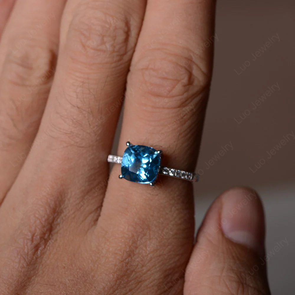 Simple Cushion Cut Swiss Blue Topaz Promise Ring - Image 2