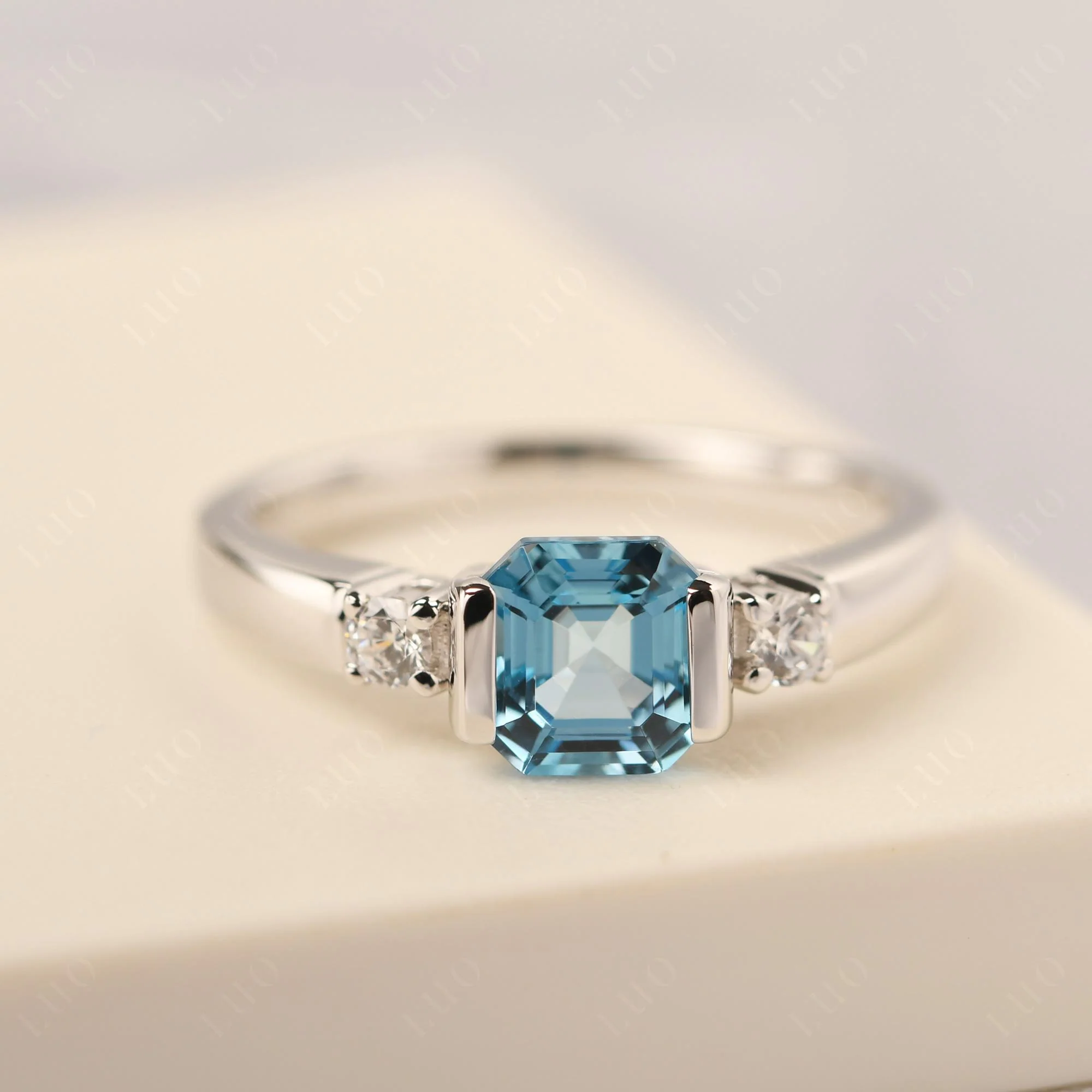 Swiss Blue Topaz Half Bezel Set Asscher Cut Ring - Image 10