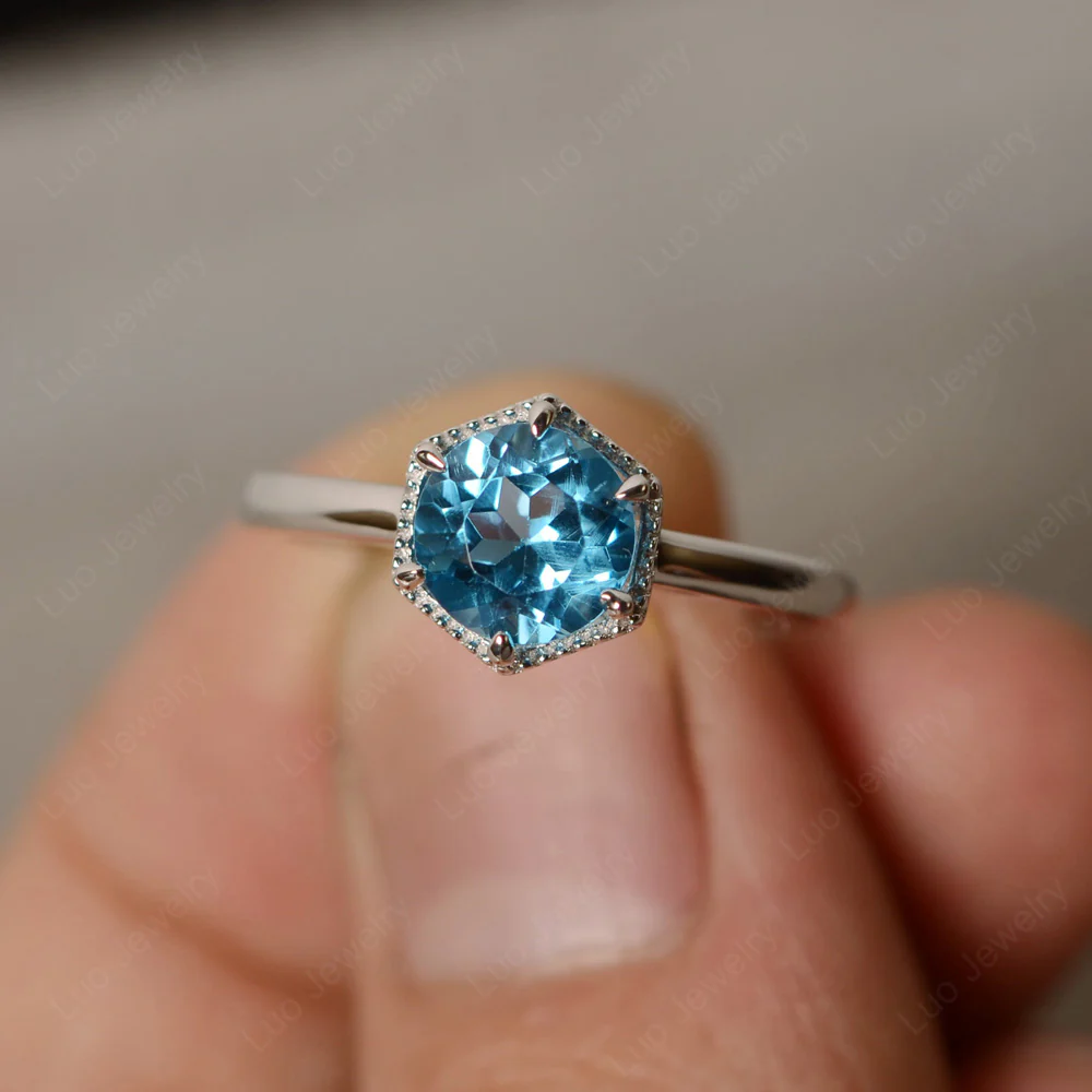 Swiss Blue Topaz Hexagon Set Solitaire Ring - Image 2