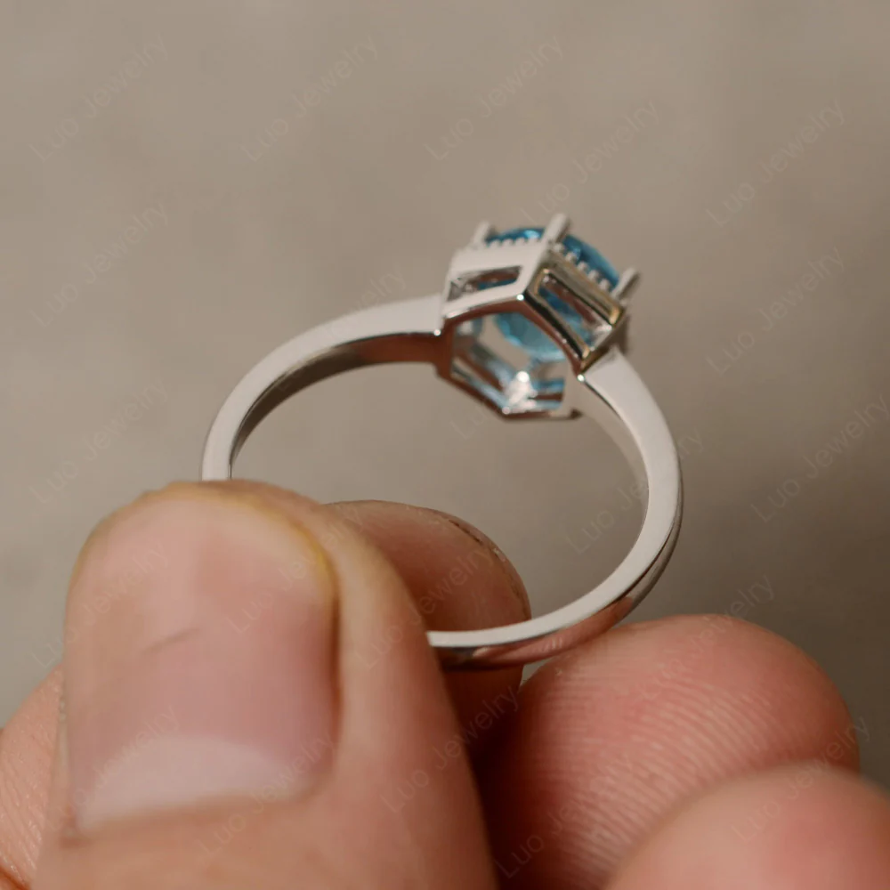 Swiss Blue Topaz Hexagon Set Solitaire Ring - Image 4