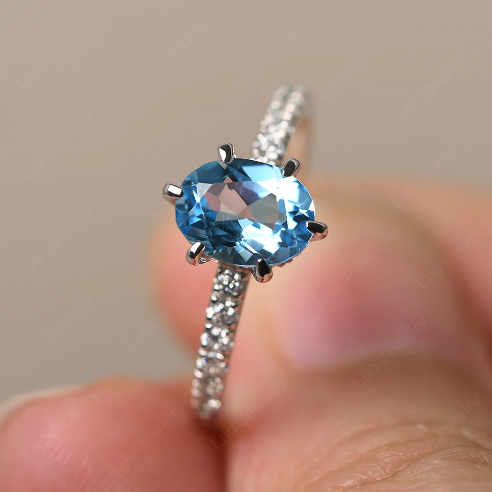 Swiss Blue Topaz Engagement Ring Hidden Halo
