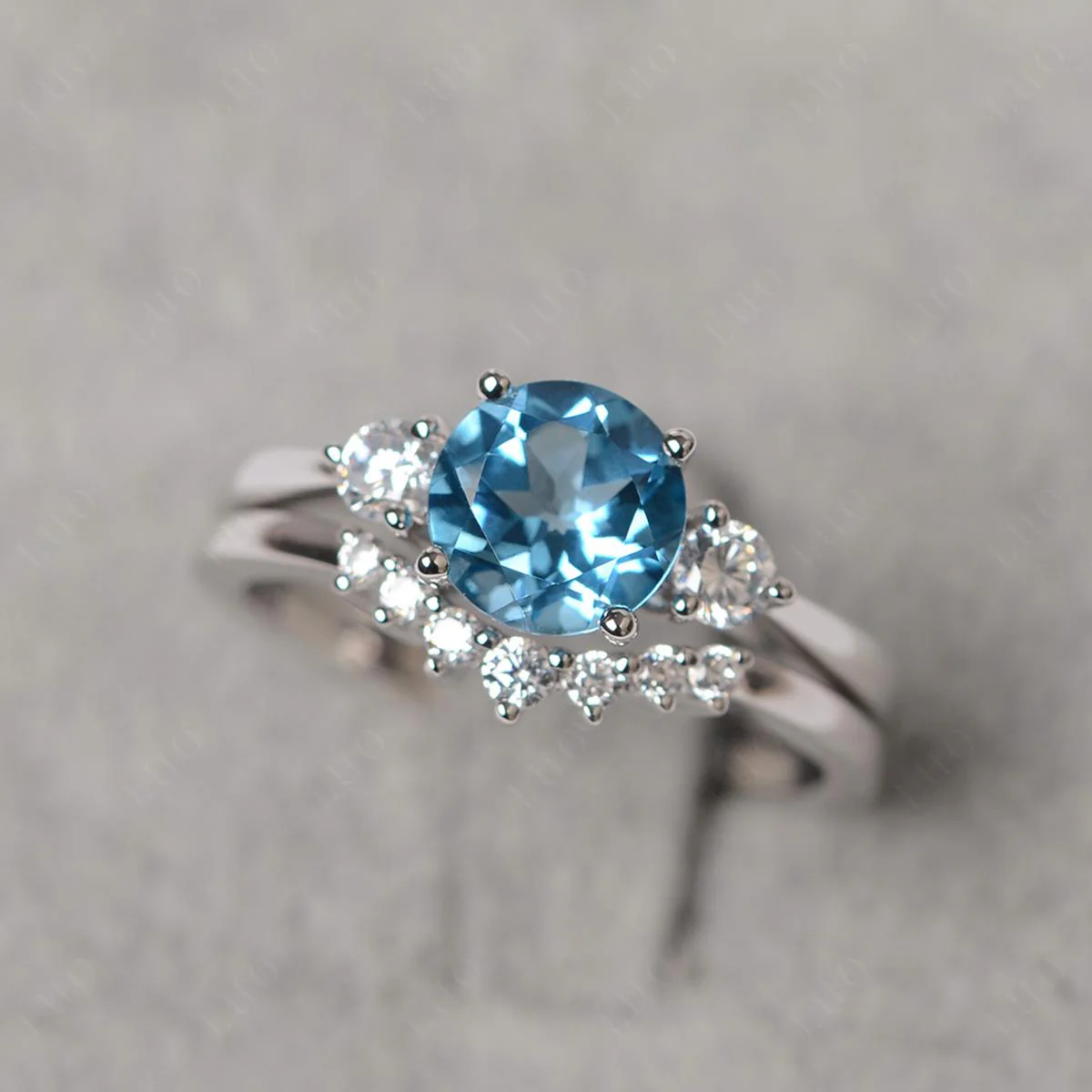 Round Swiss Blue Topaz Wedding Ring Set - Image 10