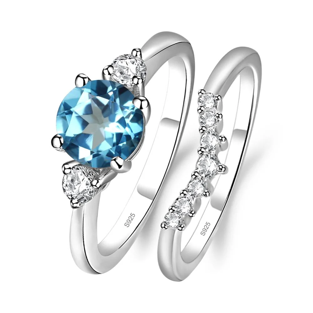 Round Swiss Blue Topaz Wedding Ring Set - Image 2