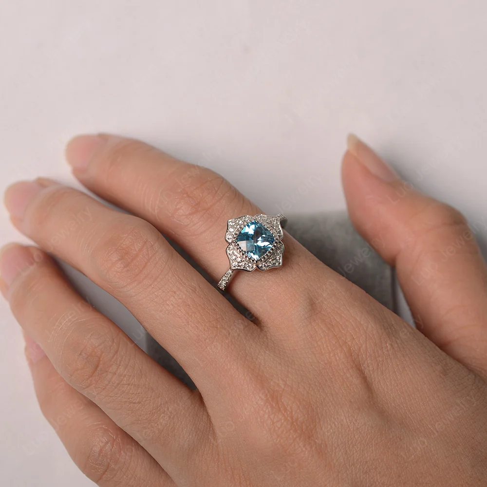 Swiss Blue Topaz Lotus Halo Engagement Ring - Image 3