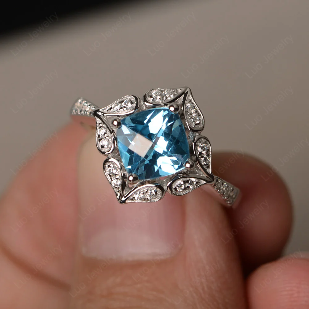 Swiss Blue Topaz Ring Cushion Cut Kite Set