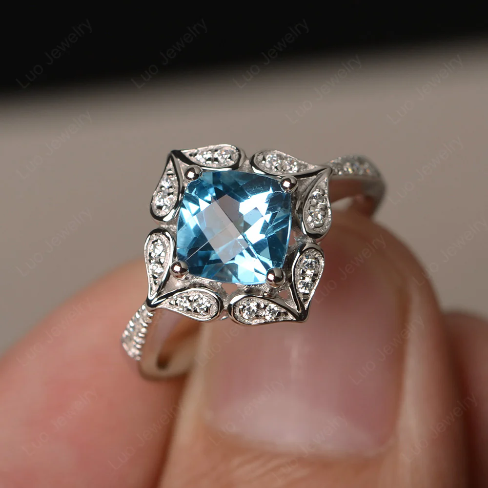 Swiss Blue Topaz Ring Cushion Cut Kite Set - Image 2