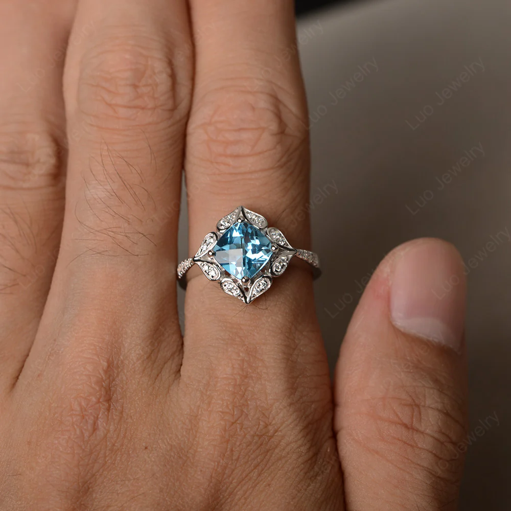 Swiss Blue Topaz Ring Cushion Cut Kite Set - Image 4