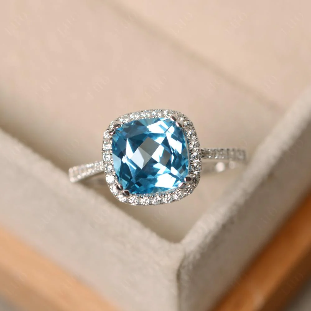 Cushion Cut Swiss Blue Topaz Halo Ring - Image 10