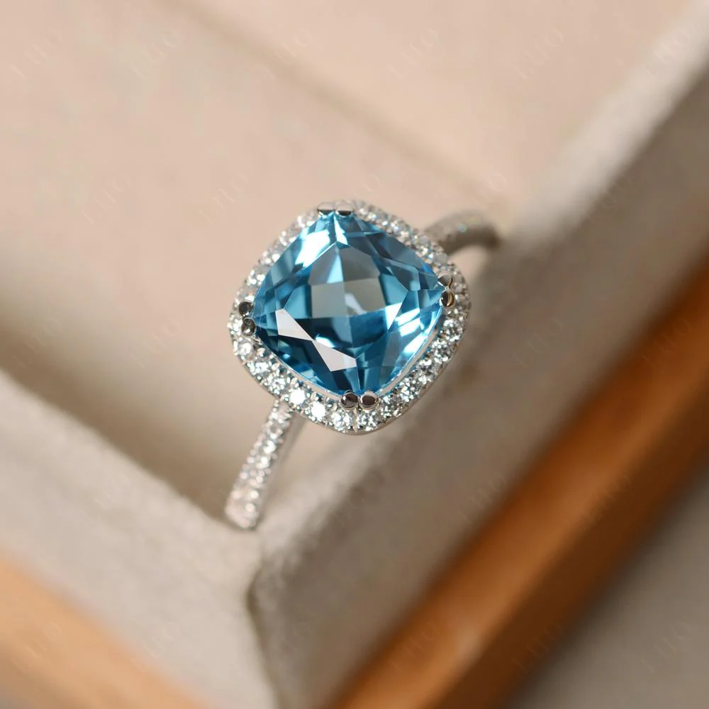 Cushion Cut Swiss Blue Topaz Halo Ring - Image 11