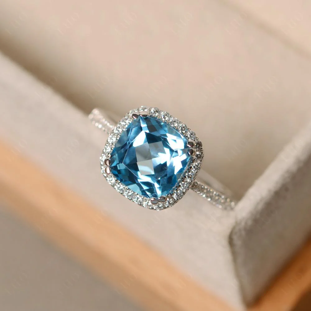 Cushion Cut Swiss Blue Topaz Halo Ring - Image 12