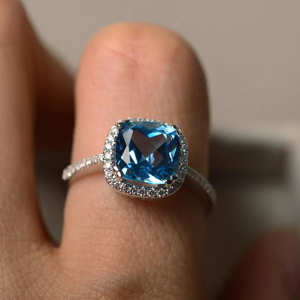 Cushion Cut Swiss Blue Topaz Halo Ring - Image 14