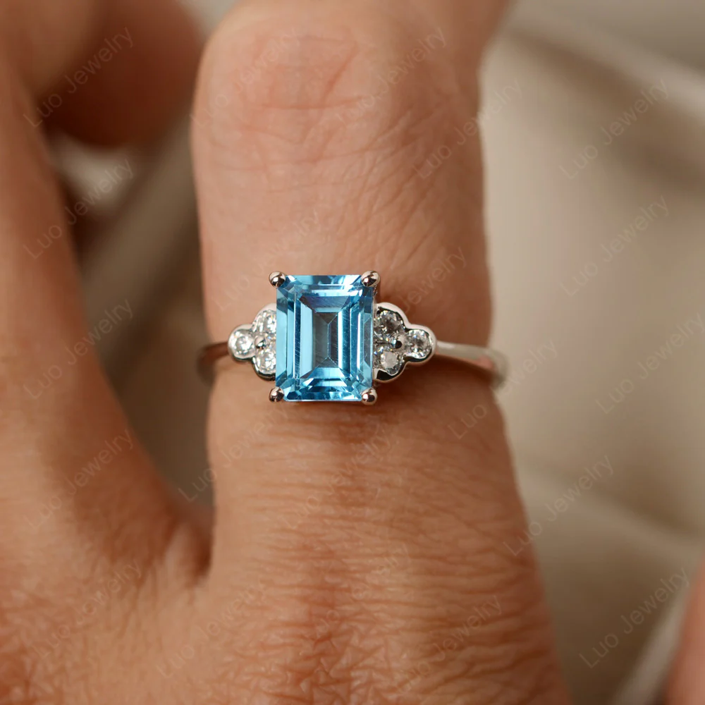 Emerald Cut Swiss Blue Topaz Ring with Trio - Image 4