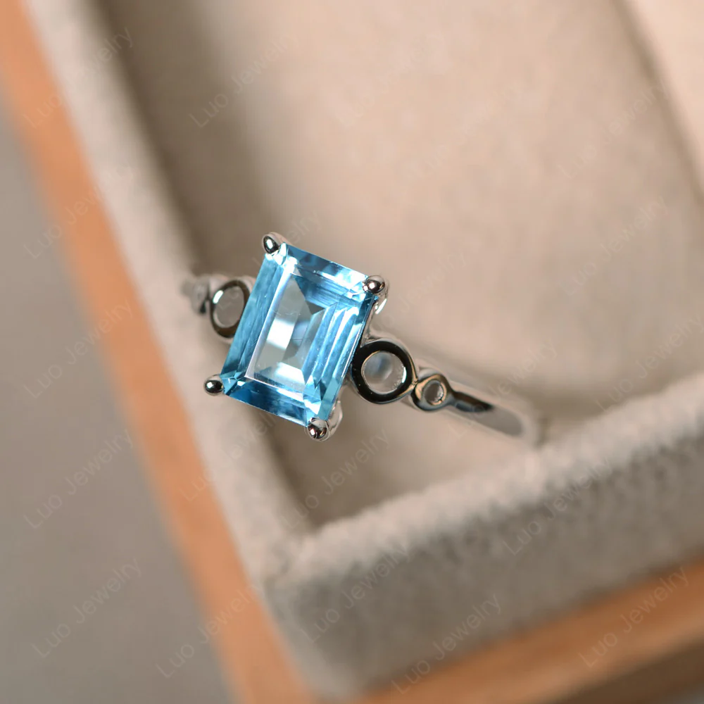Antique Emerald Cut Swiss Blue Topaz Solitaire Ring - Image 4