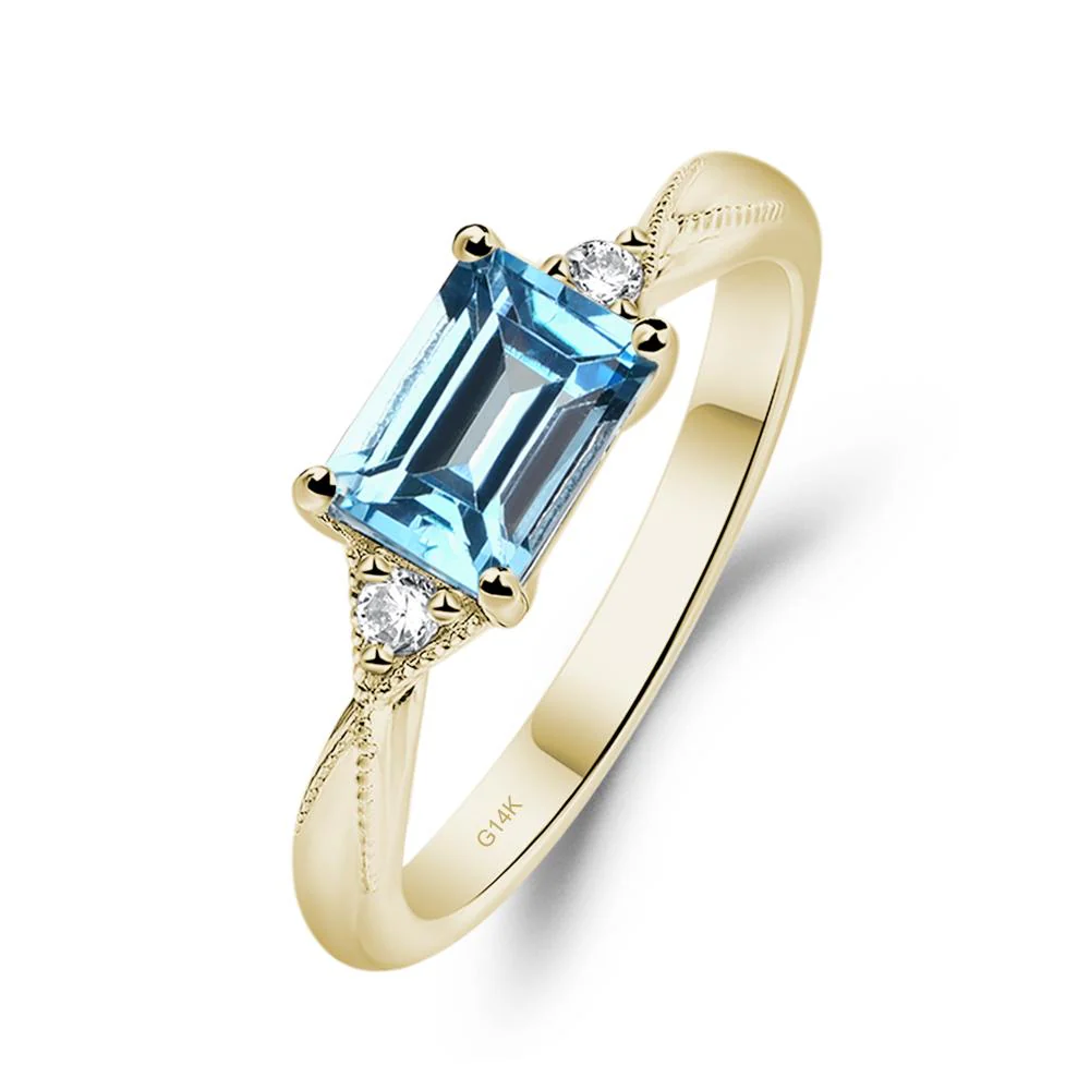 Horizontal Emerald Cut Swiss Blue Topaz Engagement Ring - Image 4