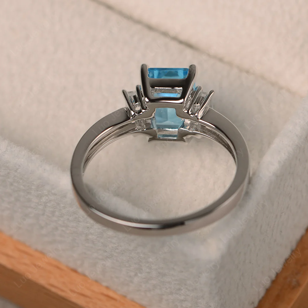 Emerald Cut Swiss Blue Topaz Ring with Baguettes - Image 3