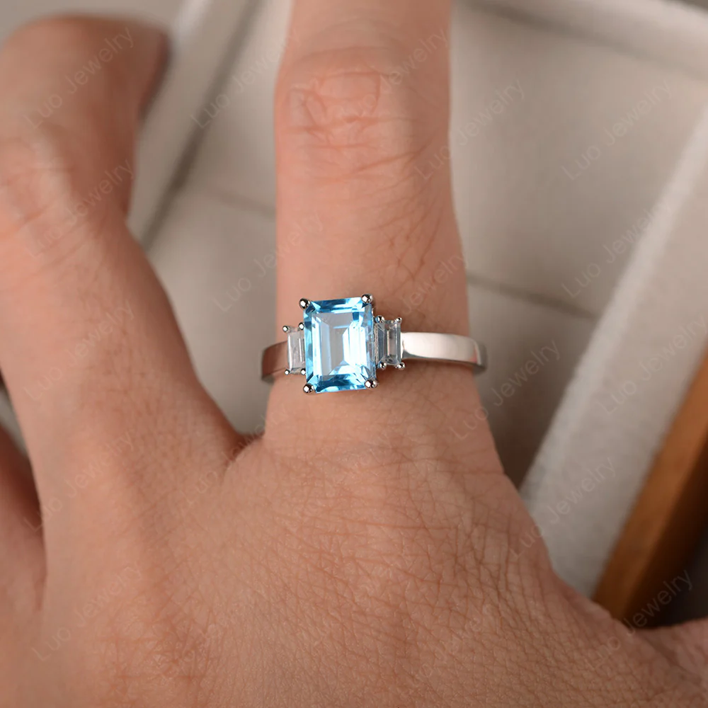 Emerald Cut Swiss Blue Topaz Ring with Baguettes - Image 4