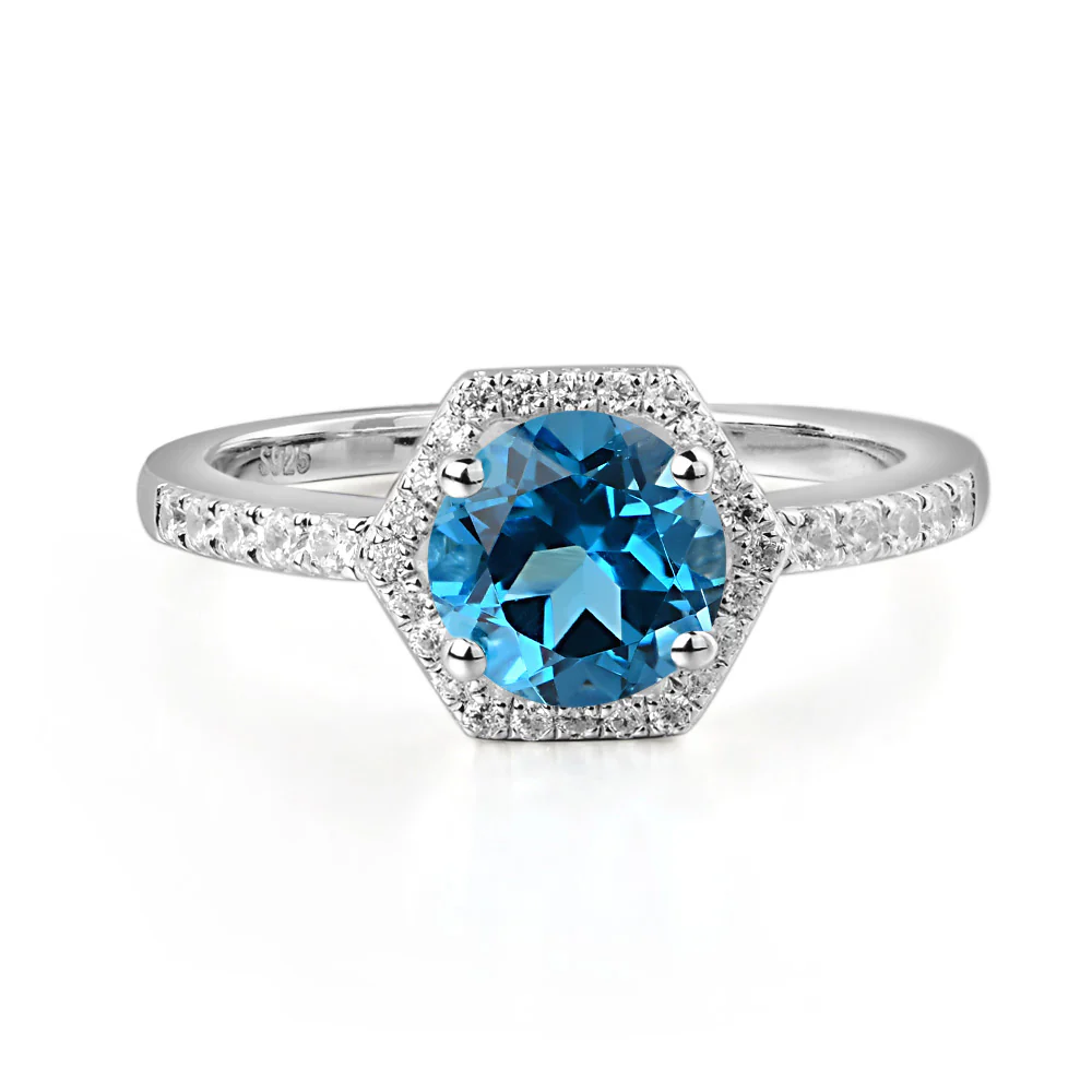 Swiss Blue Topaz Hexagon Halo Engagement Ring