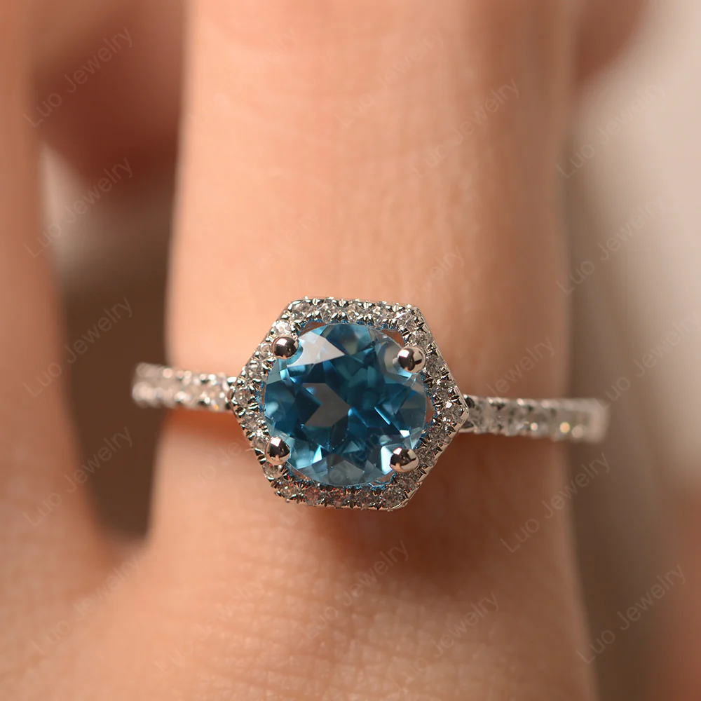 Swiss Blue Topaz Hexagon Halo Engagement Ring - Image 6