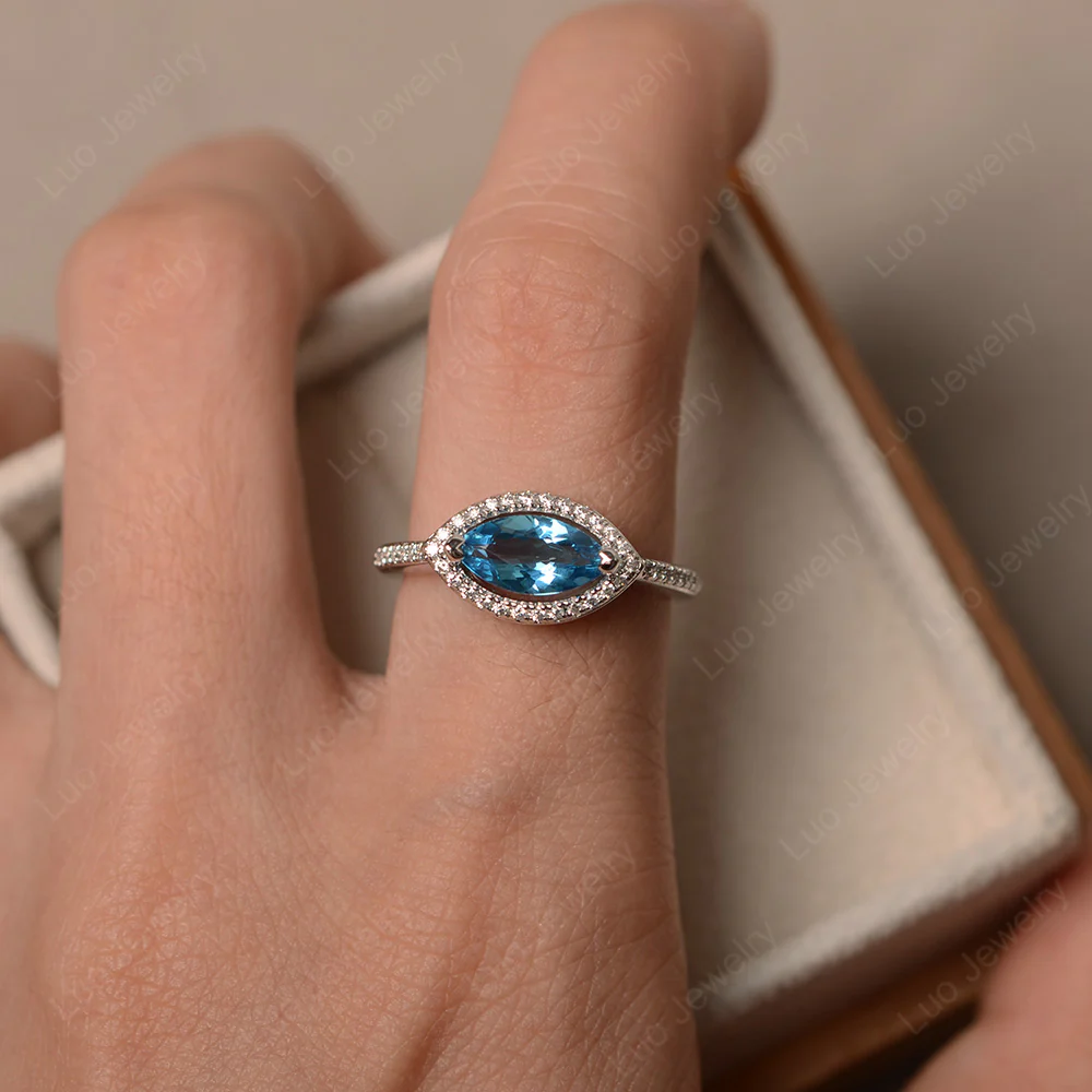 Swiss Blue Topaz Marquise Halo Ring - Image 4