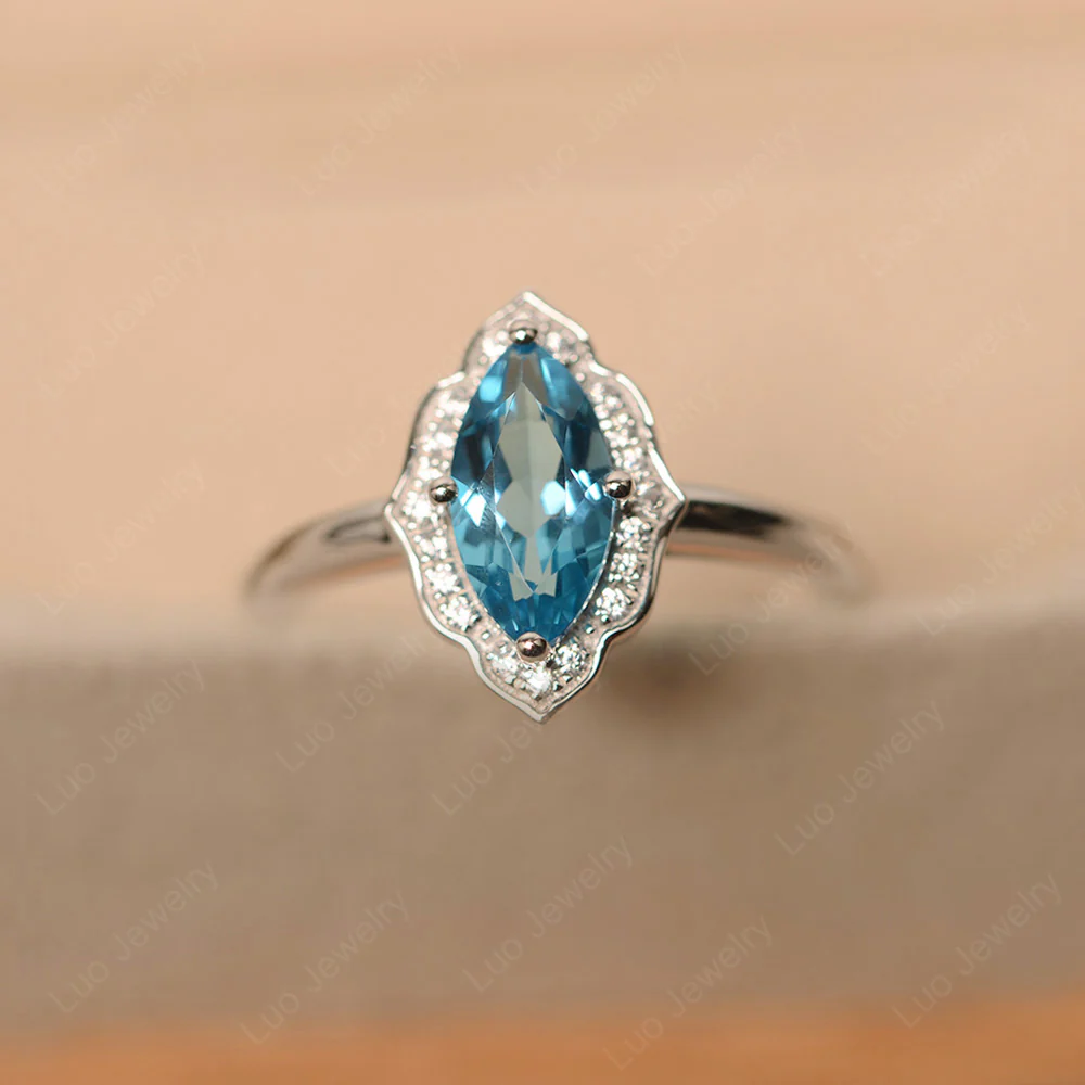 Marquise Cut Swiss Blue Topaz Halo Engagement Ring - Image 3