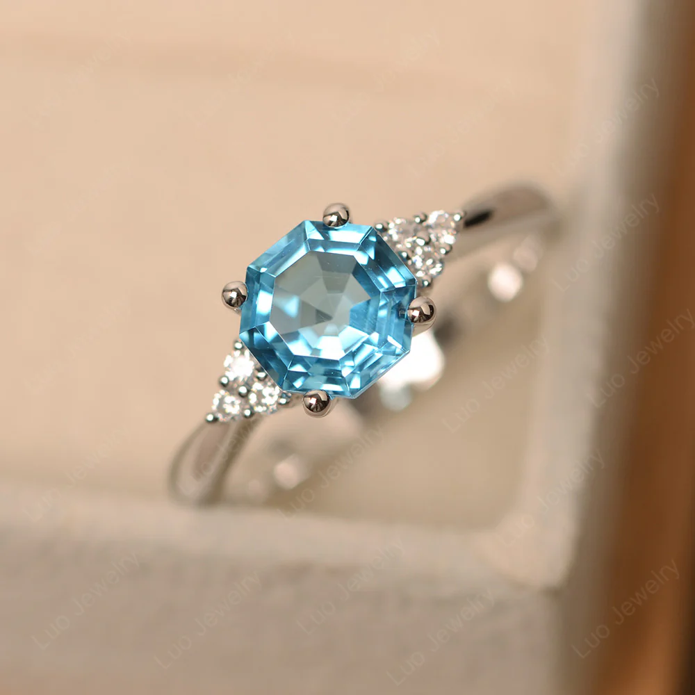 Octagon Cut Swiss Blue Topaz Engagement Ring