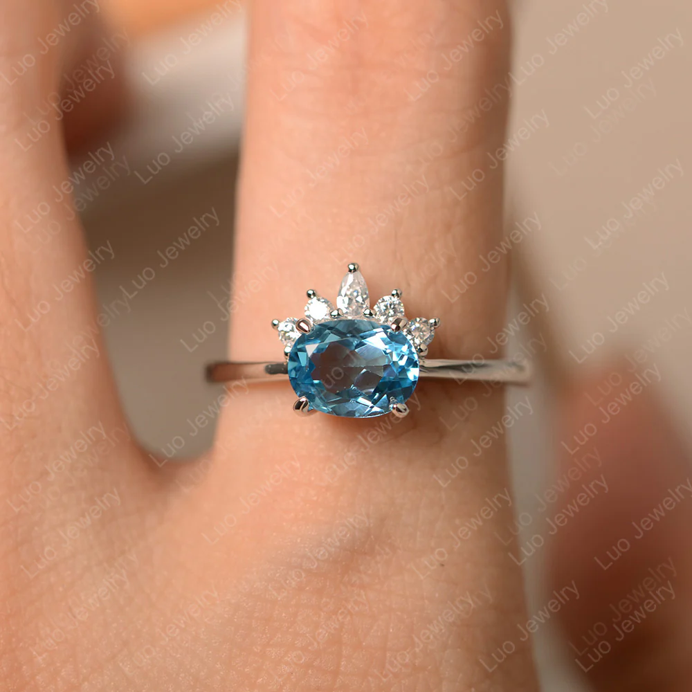 Half Sunburst Oval Swiss Blue Topaz Ring - Image 4