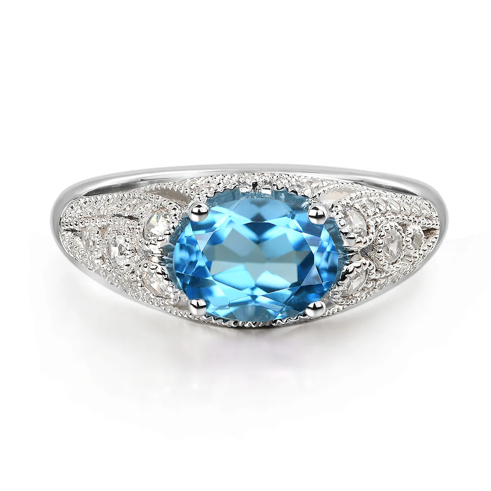 Vintage Horizontal Oval Cut Swiss Blue Topaz Ring
