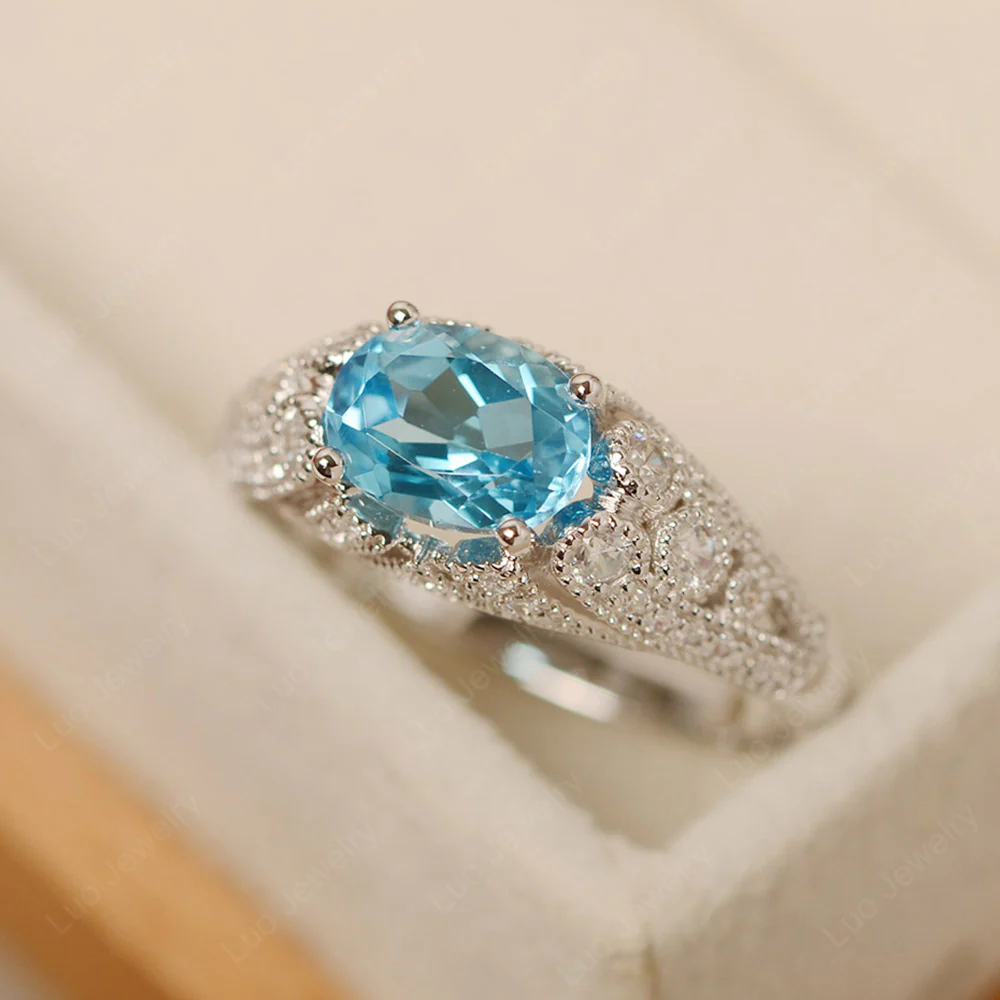 Vintage Horizontal Oval Cut Swiss Blue Topaz Ring - Image 3