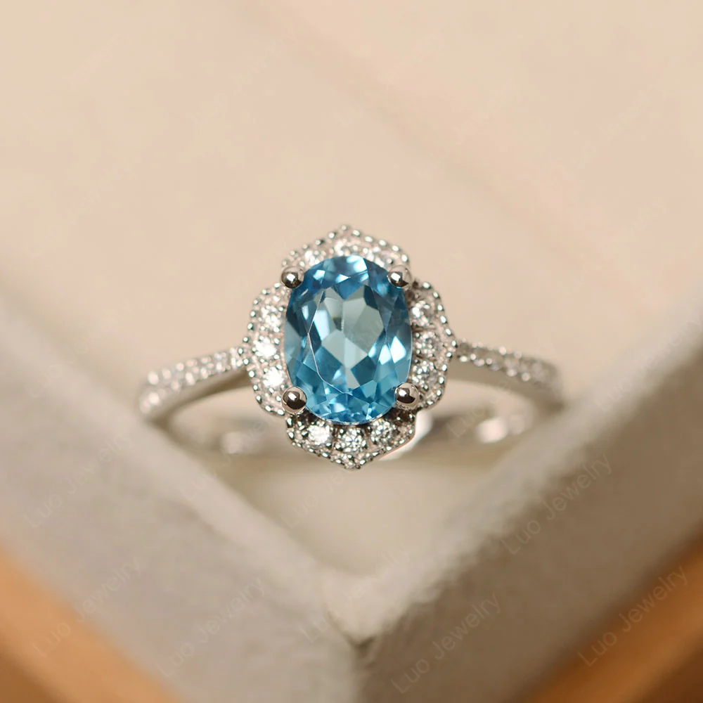 Milgrain Halo Swiss Blue Topaz Engagement Ring