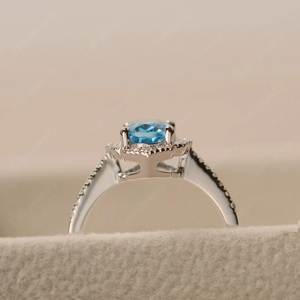 Milgrain Halo Swiss Blue Topaz Engagement Ring - Image 4