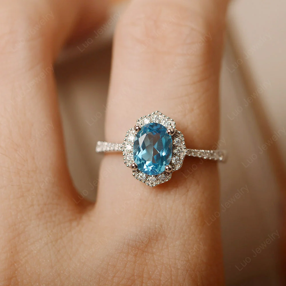 Milgrain Halo Swiss Blue Topaz Engagement Ring - Image 5