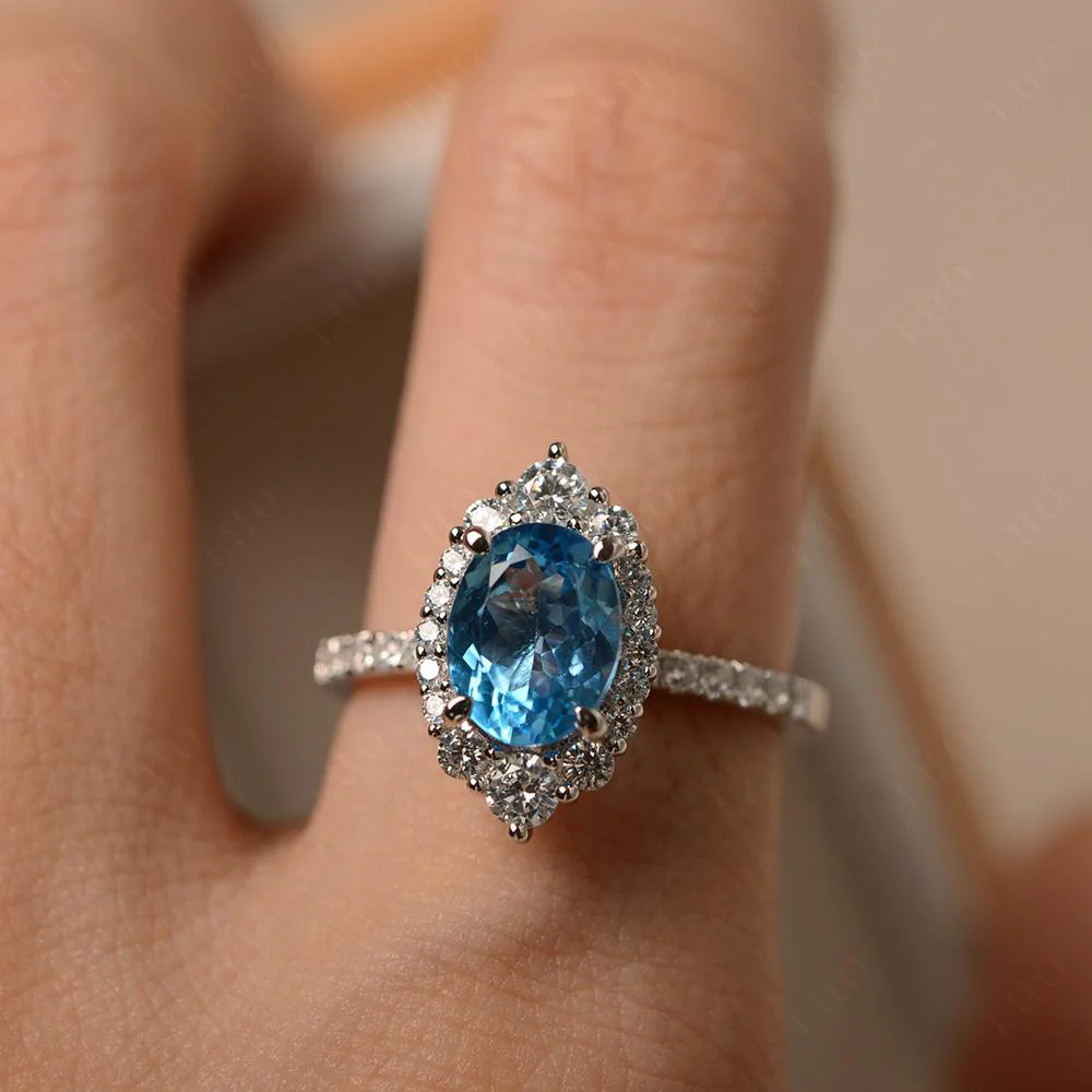 Oval Swiss Blue Topaz Halo Cluster Ring - Image 14