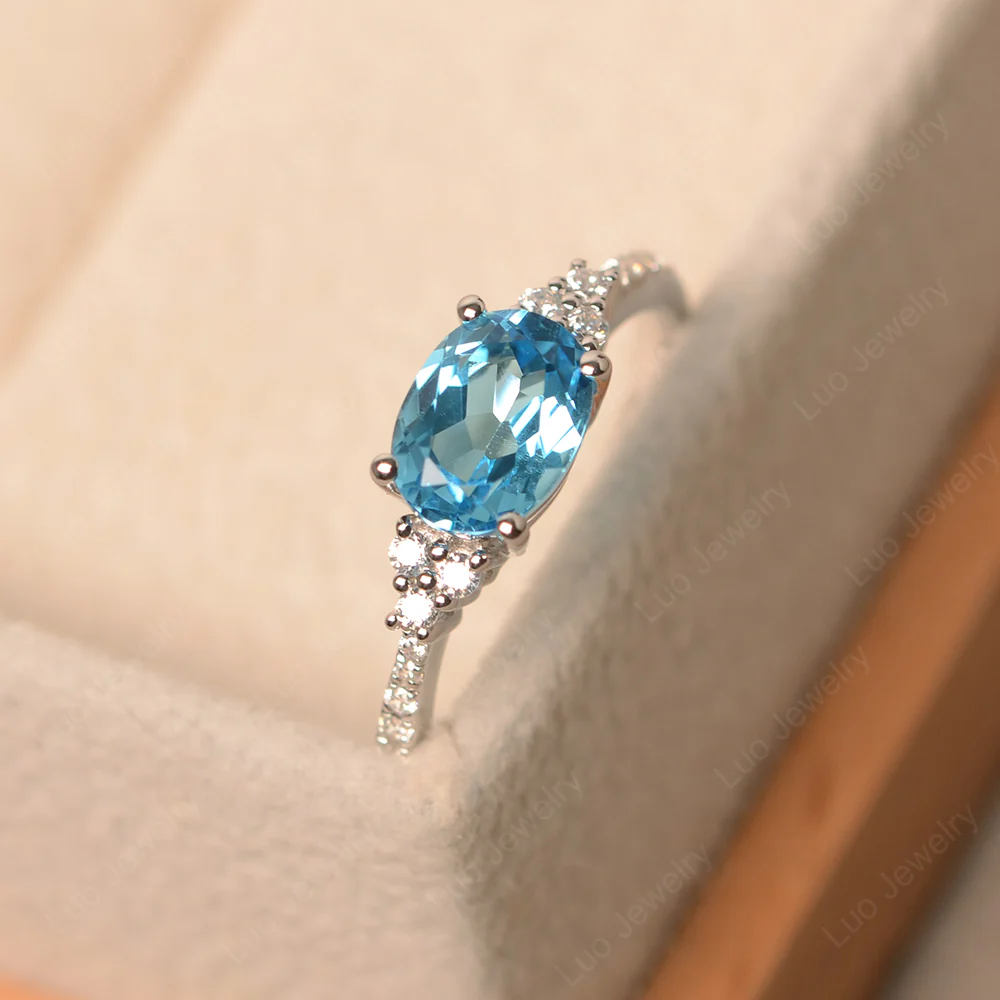 Horizontal Oval Cut Swiss Blue Topaz Engagement Ring - Image 2
