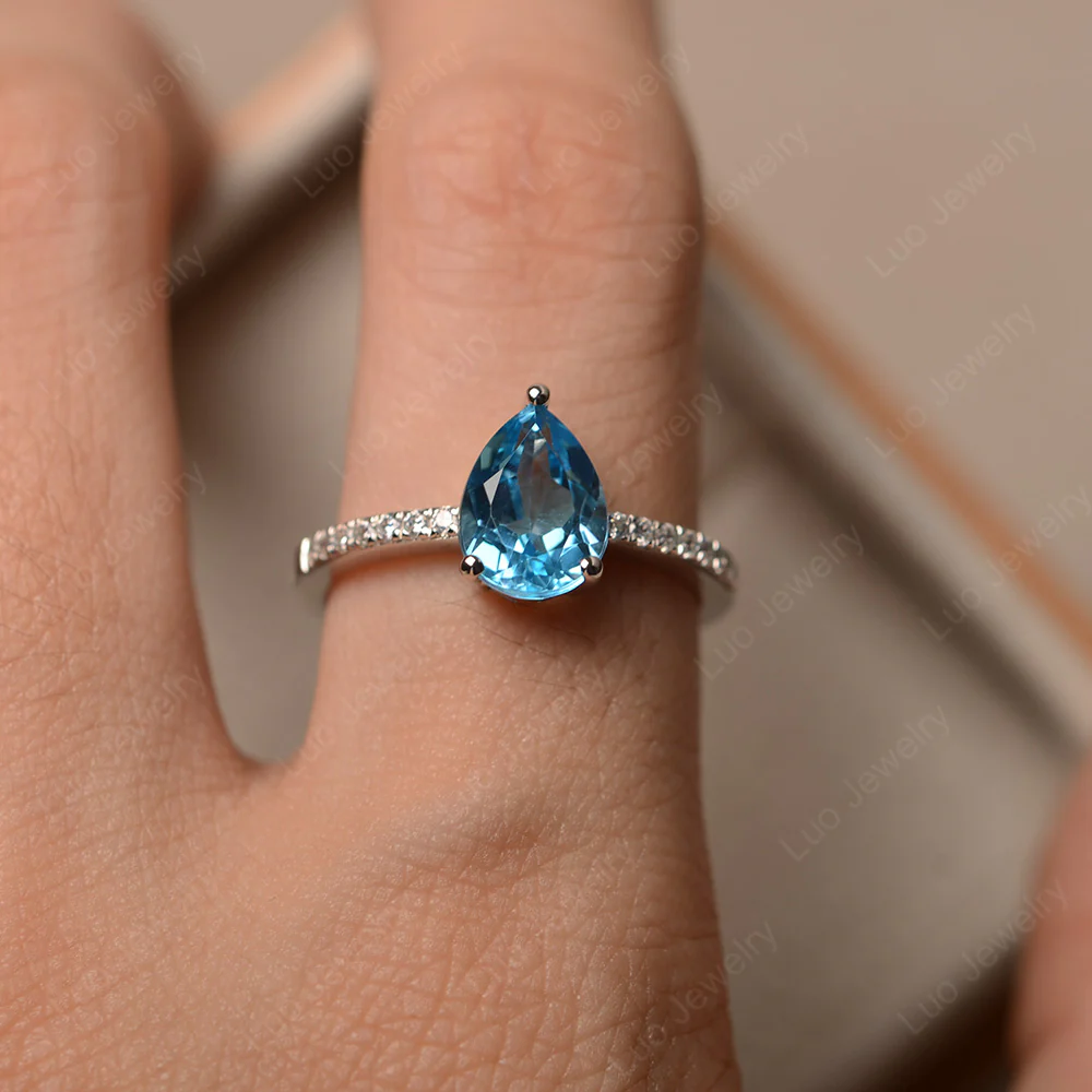 Swiss Blue Topaz Pear Pave Ring - Image 5