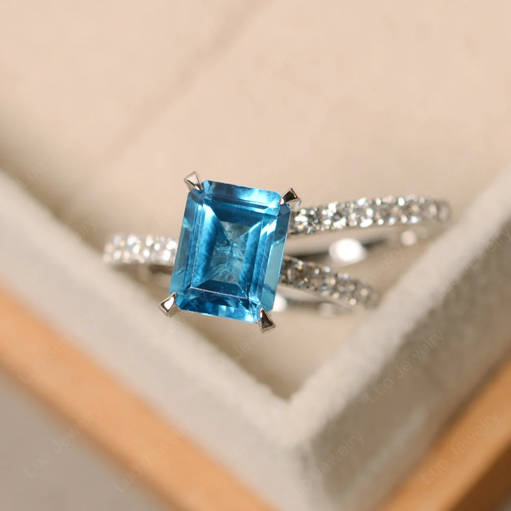 Emerald Cut Swiss Blue Topaz Wedding Ring Sets - Image 4