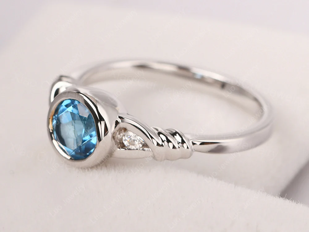 Swiss Blue Topaz Ring Round Bezel Engagement Ring - Image 2