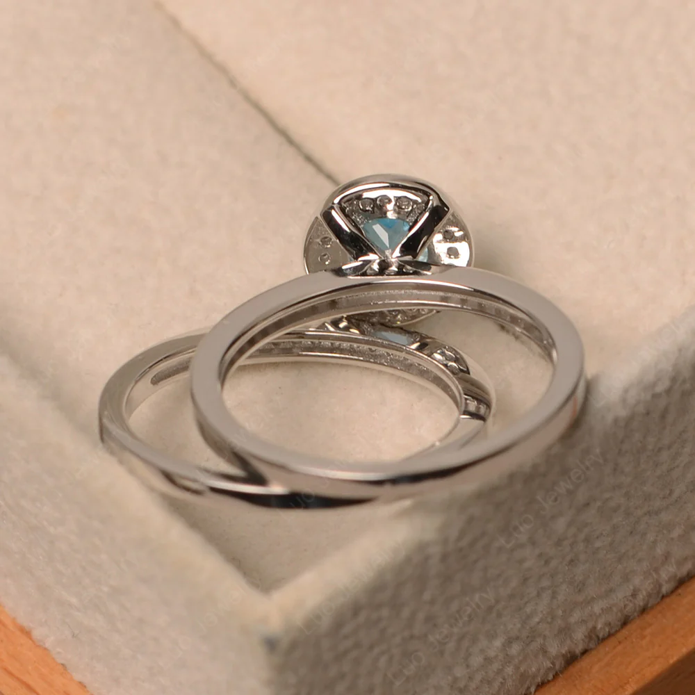 Round Cut Swiss Blue Topaz Halo Bridal Set Ring - Image 3