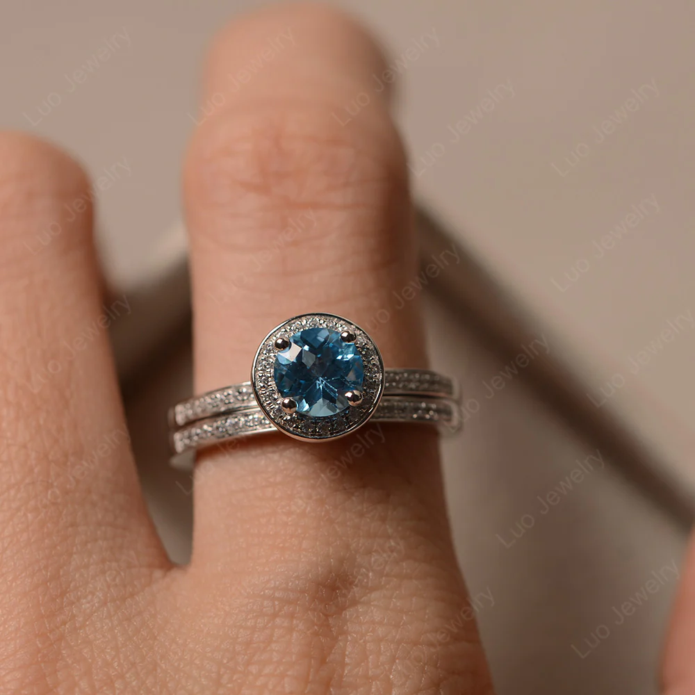 Round Cut Swiss Blue Topaz Halo Bridal Set Ring - Image 4