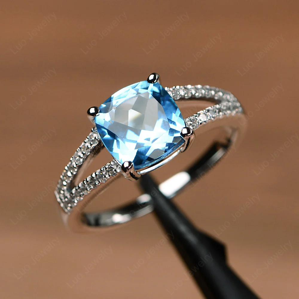 Cushion Cut Swiss Blue Topaz Split Shank Ring