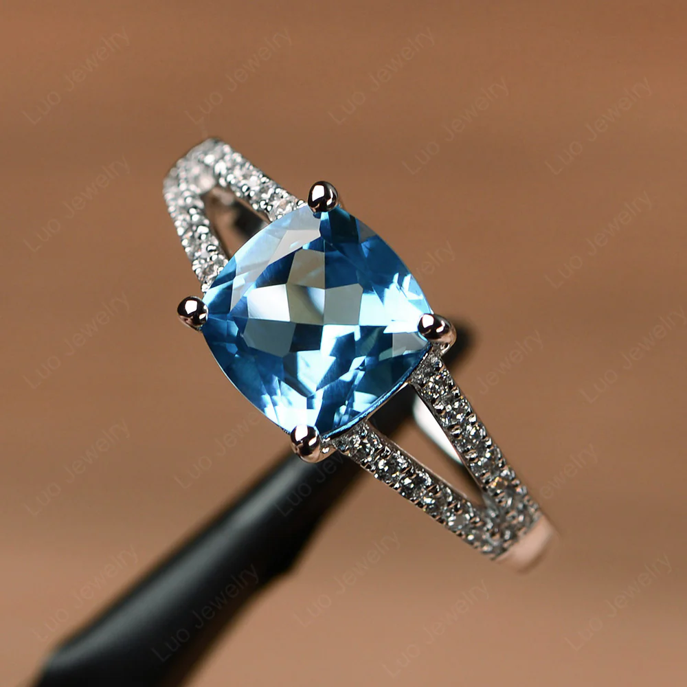 Cushion Cut Swiss Blue Topaz Split Shank Ring - Image 2