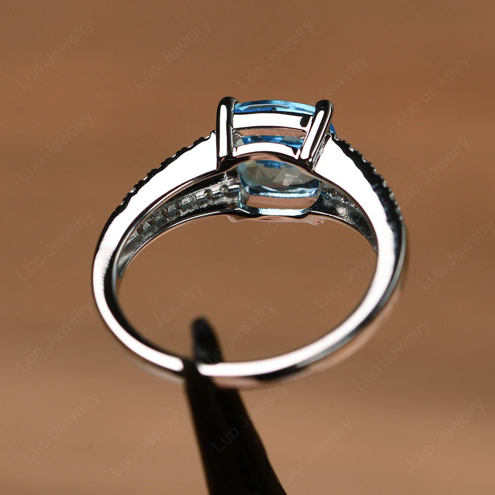Cushion Cut Swiss Blue Topaz Split Shank Ring - Image 3