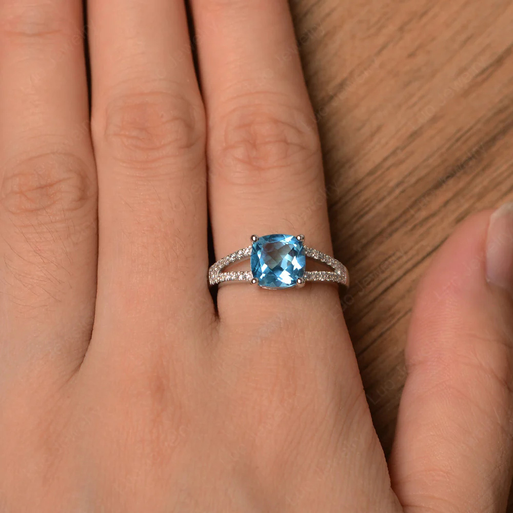 Cushion Cut Swiss Blue Topaz Split Shank Ring - Image 4