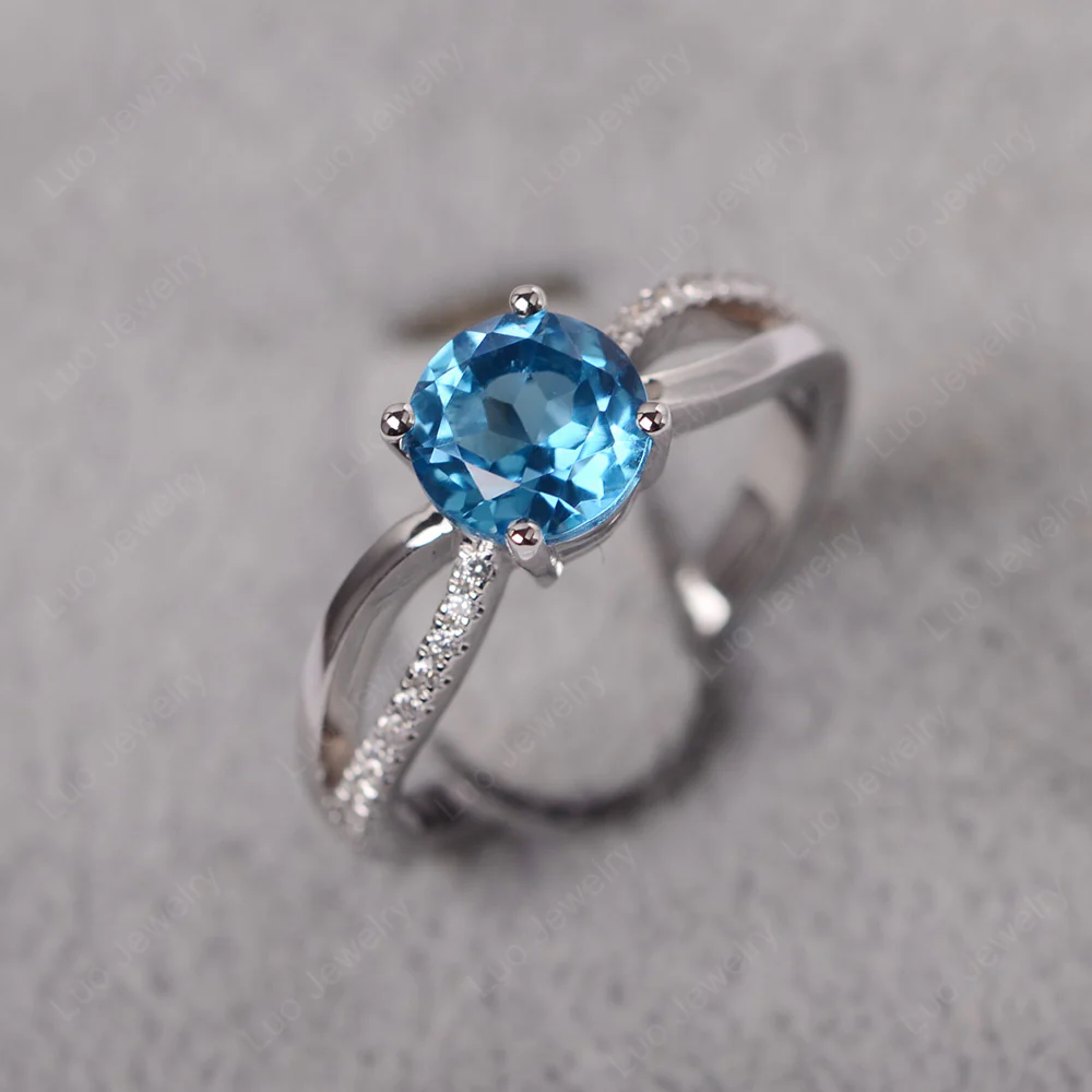 Swiss Blue Topaz Ring Split Shank Engagement Ring - Image 2