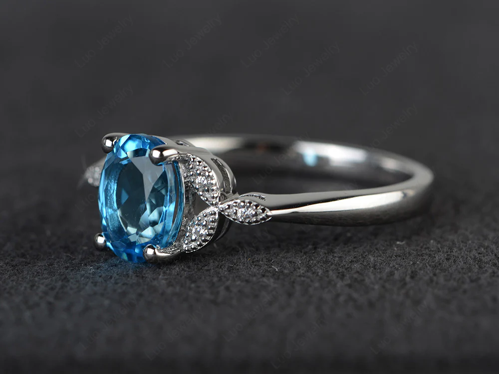 Oval Swiss Blue Topaz Leaf Engagement Ring - Image 2