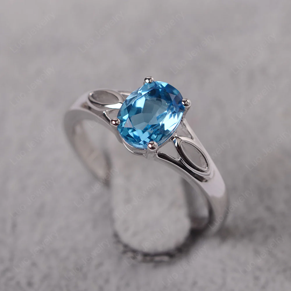 Oval Swiss Blue Topaz Solitaire Split Shank Ring - Image 2