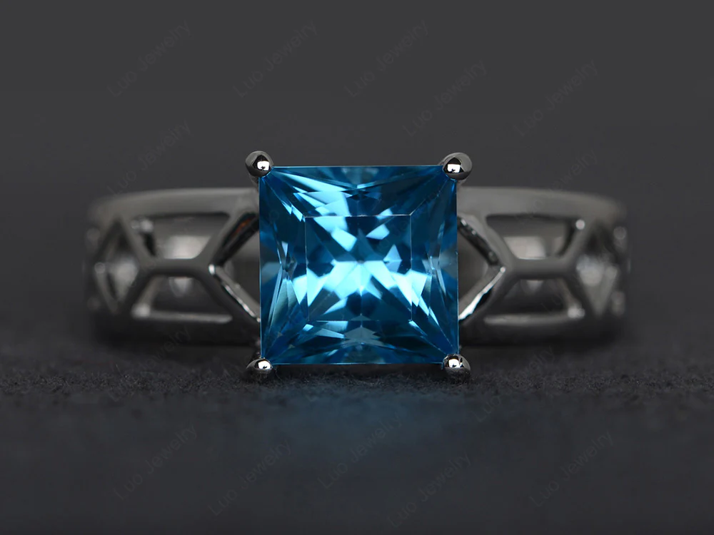 Swiss Blue Topaz Solitaire Ring Wide Band