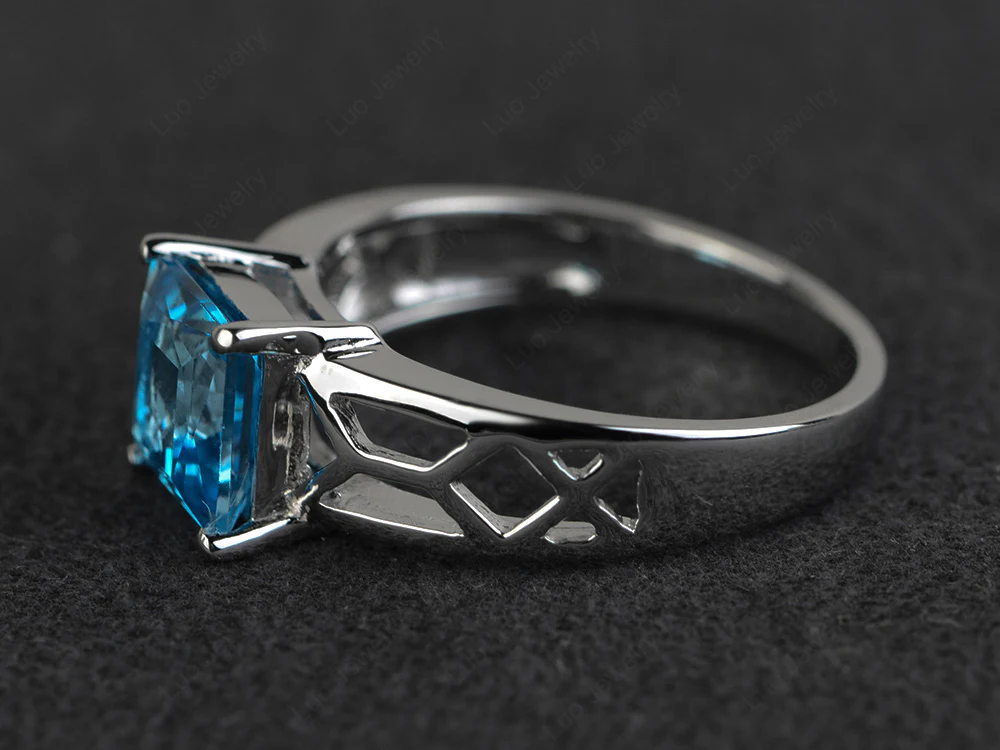 Swiss Blue Topaz Solitaire Ring Wide Band - Image 2