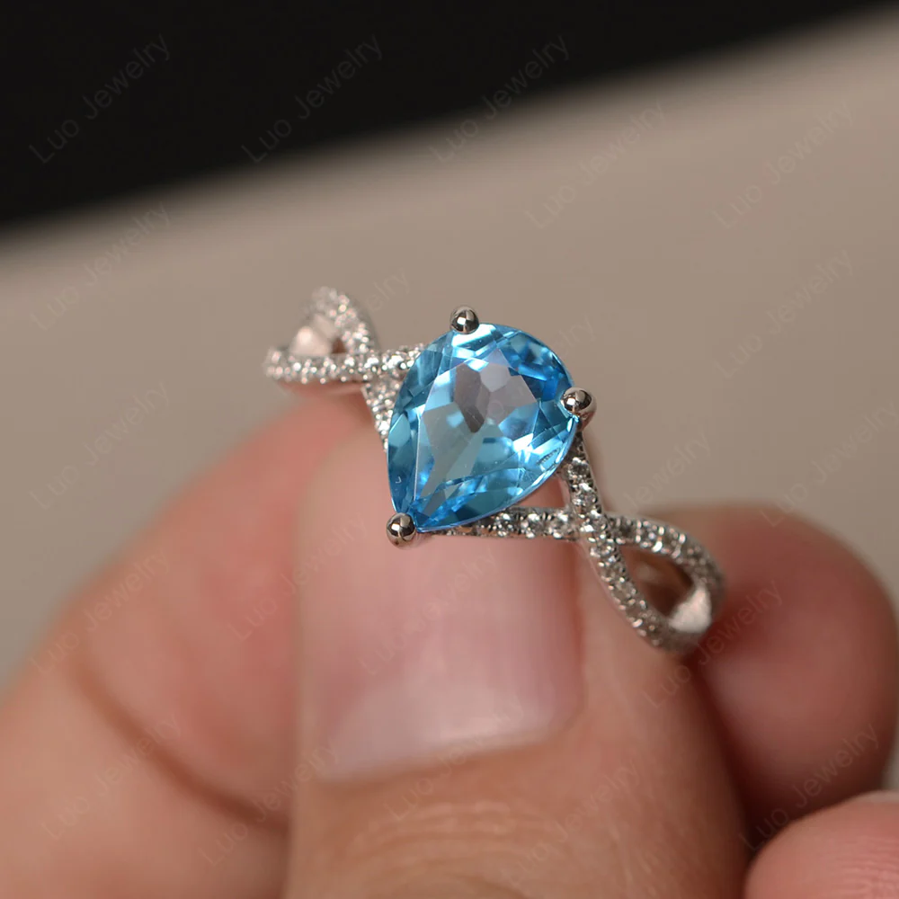 Swiss Blue Topaz Split Shank Pear Engagement Ring