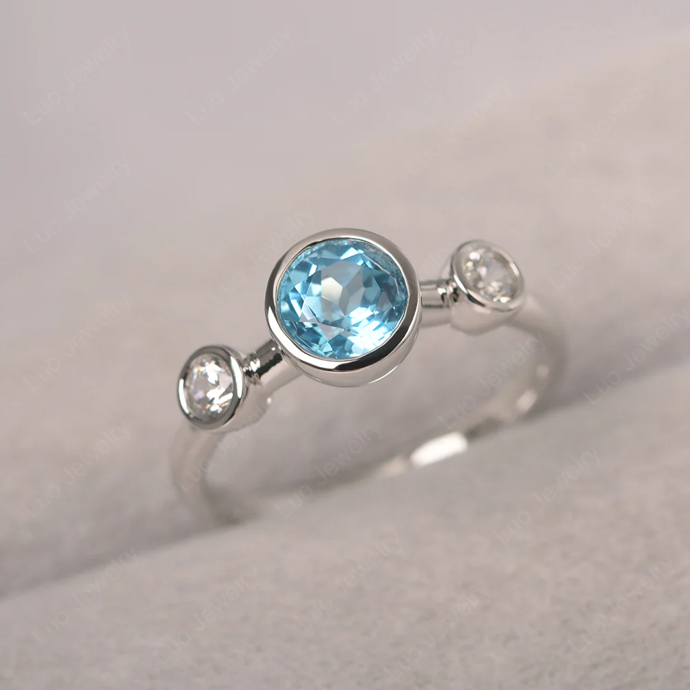 Swiss Blue Topaz 3 Stone Bezel Set Ring - Image 2