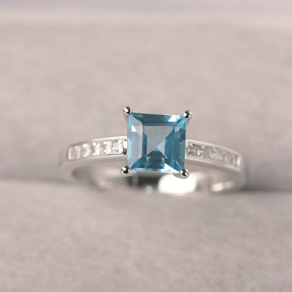 Square Cut Swiss Blue Topaz Promise Ring